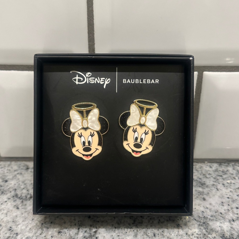 Disney Baublebar Minnie Mouse Halo Angel Stud Earrings‎ Gold Tone White Bow